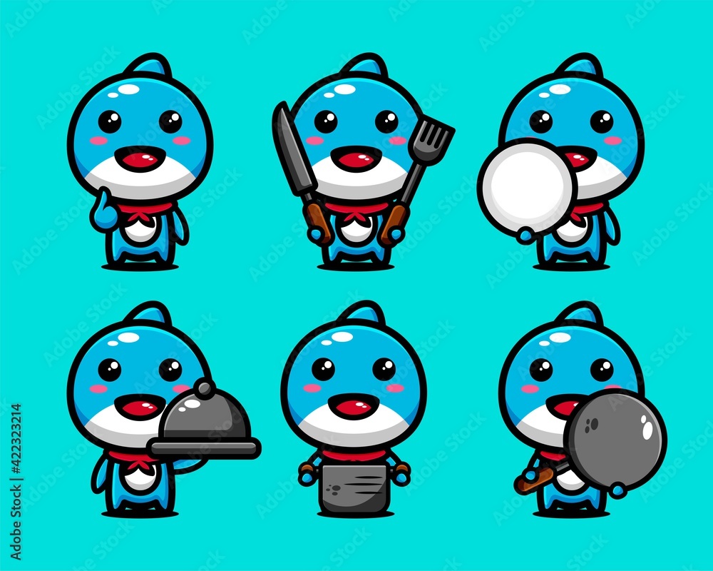 cute dolphins fish chef character design set with cooking equipment cute dolphins fish chef character design set with cooking equipment