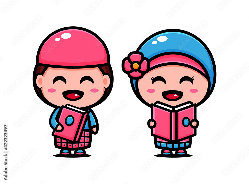 Cute muslim couple character design themed study together. Islamic character cartoon Cute muslim couple character design themed study together. Islamic character cartoon