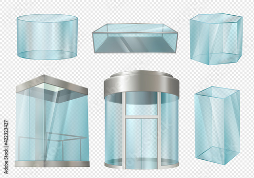 Glass cylinders. Transparent showcases stands in various forms cylinder cube blank elevator in mall. Decent vector realistic templates