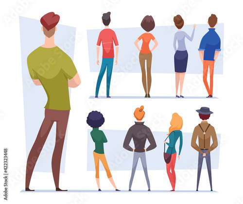 Rear view people. Standing persons in casual style clothes and business uniform legs arms torso back view exact vector flat illustrations isolated on white