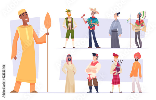Ethnic groups. Funny people in different nationalities in ethnic clothes exact vector illustrations