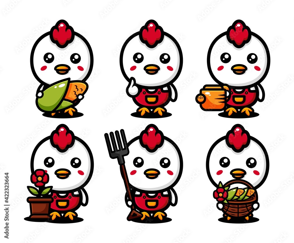 Cute chicken farmer character design set with agricultural equipments Cute chicken farmer character design set with agricultural equipments