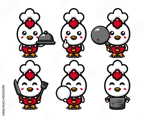 cute chicken chef character design set with cooking equipment