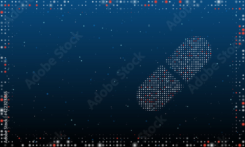 On the right is the medical capsule symbol filled with white dots. Pointillism style. Abstract futuristic frame of dots and circles. Some dots is red. Vector illustration on blue background with stars