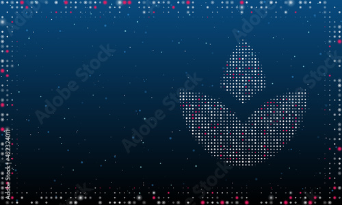 On the right is the water lily symbol filled with white dots. Pointillism style. Abstract futuristic frame of dots and circles. Some dots is pink. Vector illustration on blue background with stars