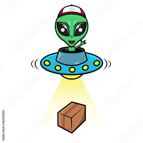 Funny Alien wearing courier hat and delivering a package with spacecraft, super fast delivery, best for logo, or mascot of delivery service business