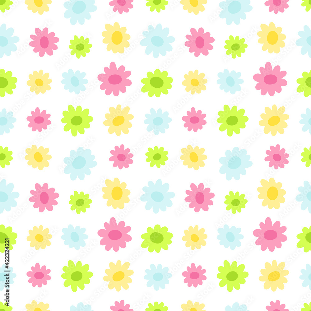 Vector seamless pattern with color daisy flowers on white background. Fresh and cute flower pattern.