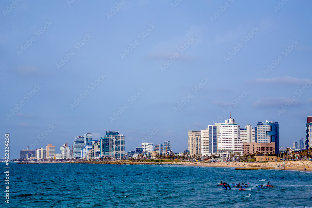 Tel Aviv, Israel - March 15, 2021: Tel Aviv view from Jaffa on a sunny day Tel Aviv, Israel - March 15, 2021: Tel Aviv view from Jaffa on a sunny day