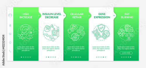 Intermittent fasting health effects onboarding vector template. Insulin level decrease. Gene expression. Responsive mobile website with icons. Webpage walkthrough step screens. RGB color concept