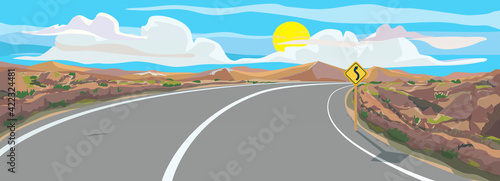 Panorama view on empty s-curve high way road with background sun and blue sky in the afternoon , illustration picture.