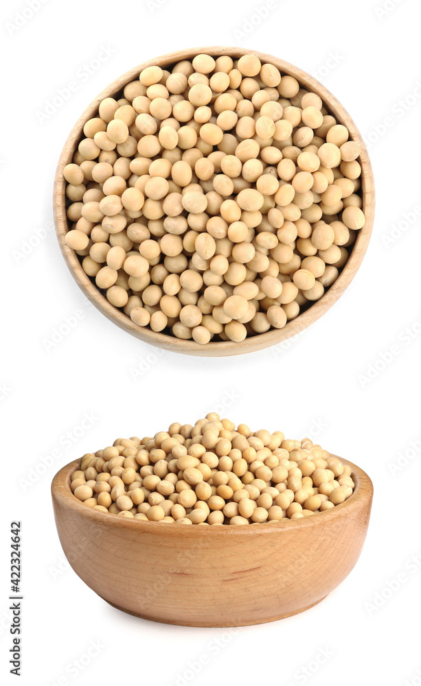 Soya beans  in wooden bowls on white background