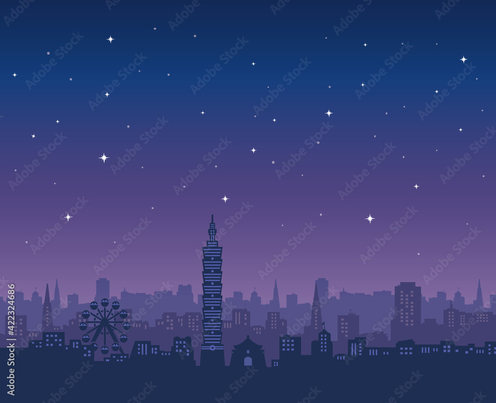 Taipei city skyline, taipei 101, night sky stars vector illustration