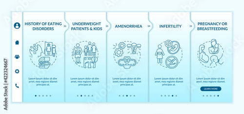 Intermittent fasting precautions onboarding vector template. Underweight patients and children. Responsive mobile website with icons. Webpage walkthrough step screens. RGB color concept