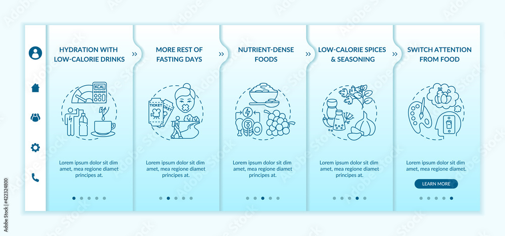 Intermittent fasting tips onboarding vector template. Hydration with low calorie drinks. Nutrient dense food. Responsive mobile website with icons. Webpage walkthrough step screens. RGB color concept Intermittent fasting tips onboarding vector template. Hydration with low calorie drinks. Nutrient dense food. Responsive mobile website with icons. Webpage walkthrough step screens. RGB color concept