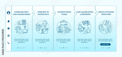 Intermittent fasting tips onboarding vector template. Hydration with low calorie drinks. Nutrient dense food. Responsive mobile website with icons. Webpage walkthrough step screens. RGB color concept