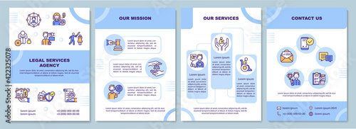 Legal services agency brochure template. Our mission. Contact us. Flyer, booklet, leaflet print, cover design with linear icons. Vector layouts for presentation, annual reports, advertisement pages