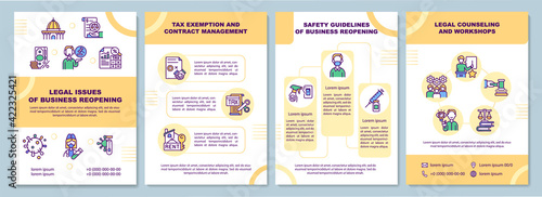 Legal issues of business reopening brochure template. Tax exemption. Flyer, booklet, leaflet print, cover design with linear icons. Vector layouts for presentation, annual reports, advertisement pages