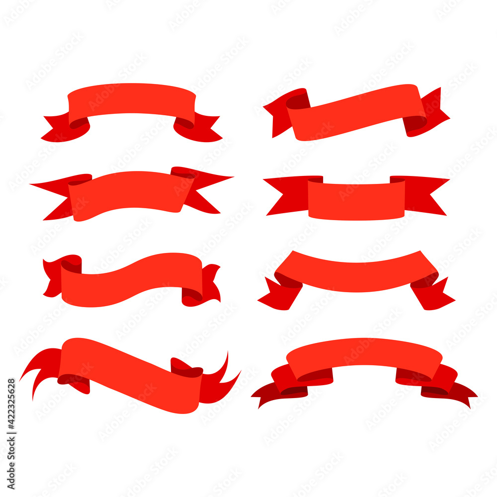 Collection of flat vector illustrations of red ribbons. Perfect for text template frame, award-winning, special celebratory event, and banner promotion.  Waving ribbon vector set.