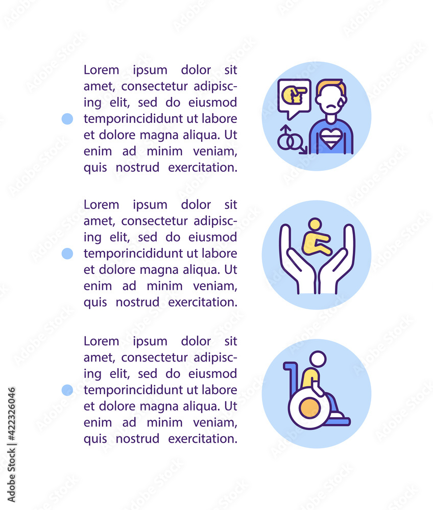 Legal rights protection concept line icons with text. PPT page vector template with copy space. Brochure, magazine, newsletter design element. Special needs linear illustrations on white