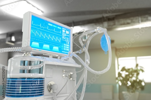 Medical 3D illustration, ICU artificial lung ventilator with fictive design in therapy clinic with bokeh - heal 2019-ncov concept