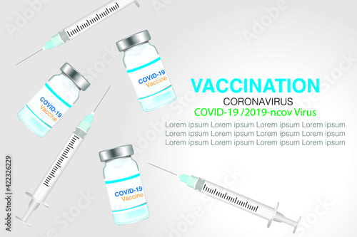 Corona virus, covid-19 vaccine bottle. Blue and white capsule anti covid-19 pill and hypodermic syringe inkjet. COVID-19 or 2019-ncov Virus. Vaccination for COVID-19 treatment.
