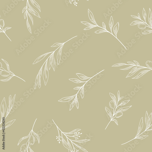 Pastel color seamless pattern with white color lines of  olive tree twigs