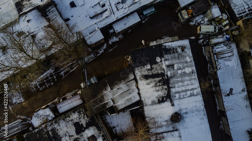 Aerial view of old warehouse. View from drone.