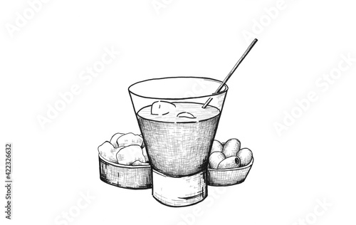 Ilustración a tinta de un vaso de vermut rojo, olivas y patatas chips. Pack de vermut