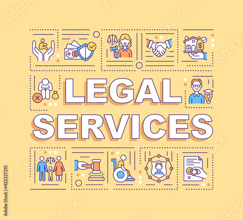 Legal services word concepts banner. Legislation and court judgement. Infographics with linear icons on orange background. Isolated typography. Vector outline RGB color illustration