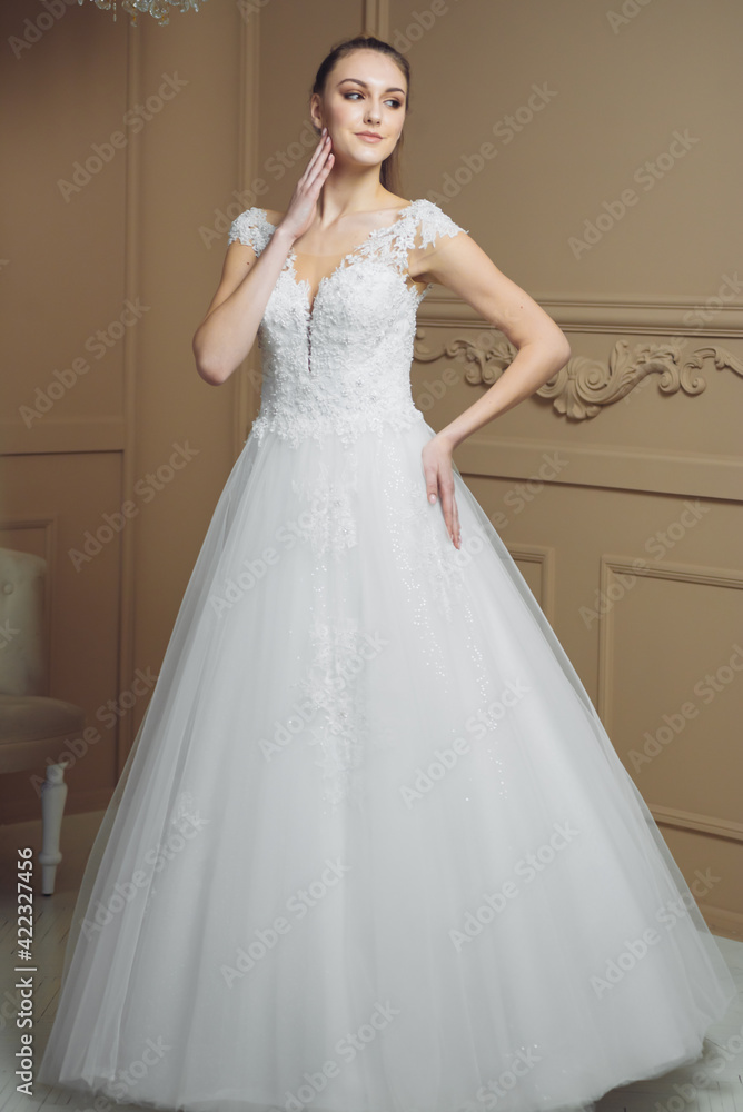 Happy bride in luxury sparkly wedding dress posing in studio on brown background. Marriage concept. Happy bride in luxury sparkly wedding dress posing in studio on brown background. Marriage concept.
