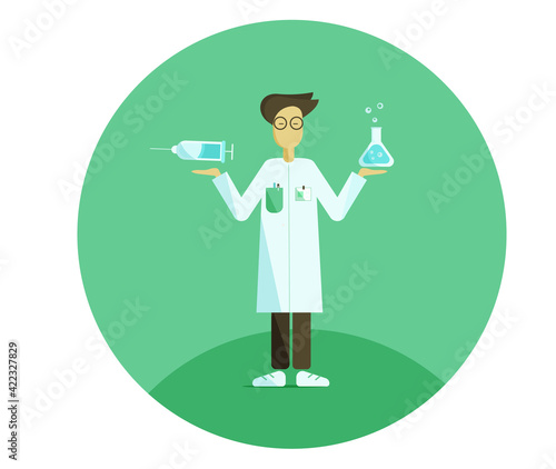 Scientist in a white rob holding laboratory flask and vaccine
