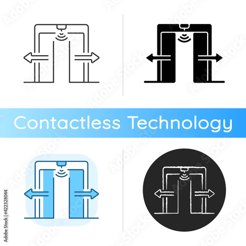 Automatic door icon. Door that opens automatically with use of sensor which triggers when person comes in front of it. Linear black and RGB color styles. Isolated vector illustrations