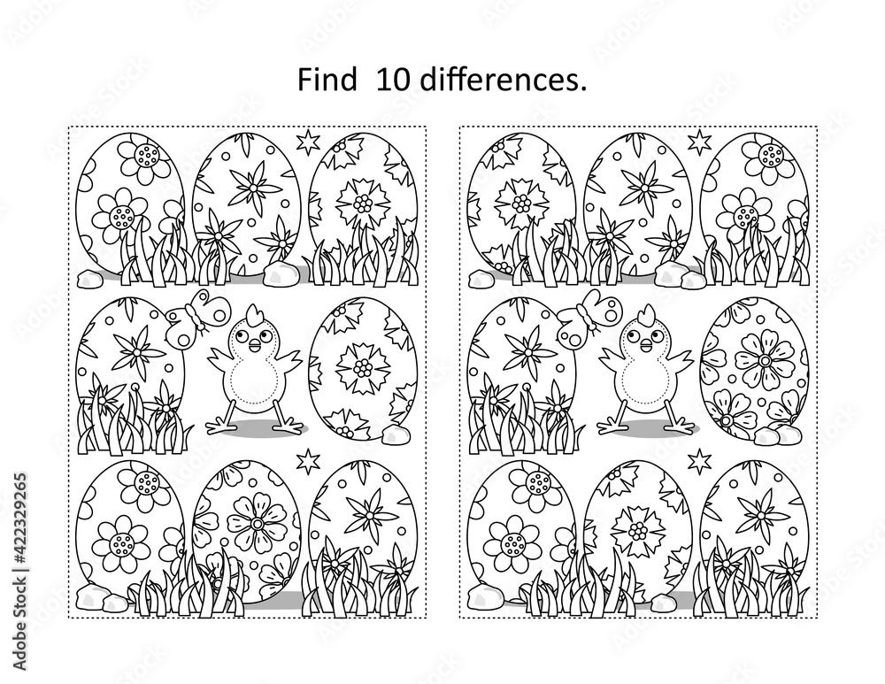 Easter holiday themed find the ten differences picture puzzle and coloring page with chick and painted eggs