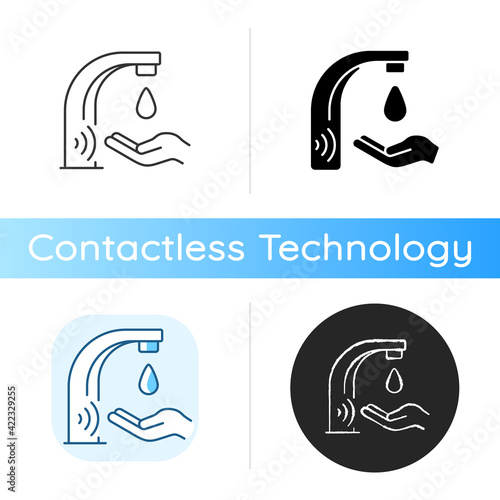 Automatic water tap icon. Electronic and touchless automatic faucet that allows to drastically decrease water consumption. Linear black and RGB color styles. Isolated vector illustrations