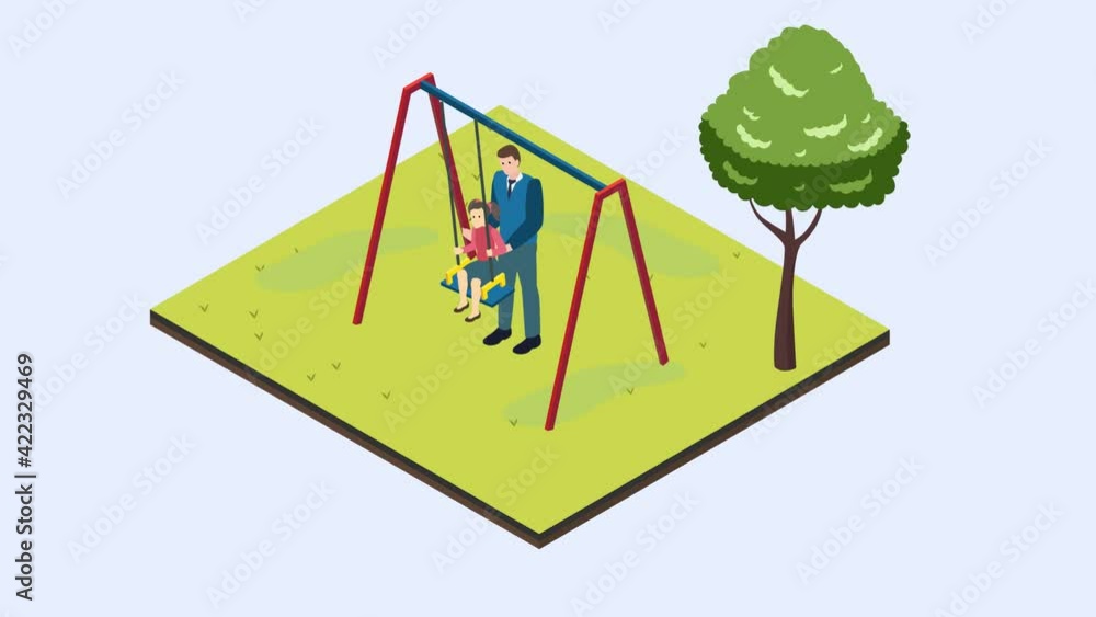 Child and father in face mask are playing on swing Child and father in face mask are playing on swing
