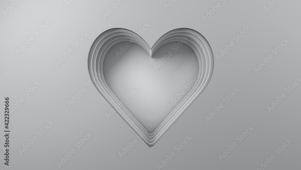 Layered gray heart in gray layered sheets. 3d rendering background