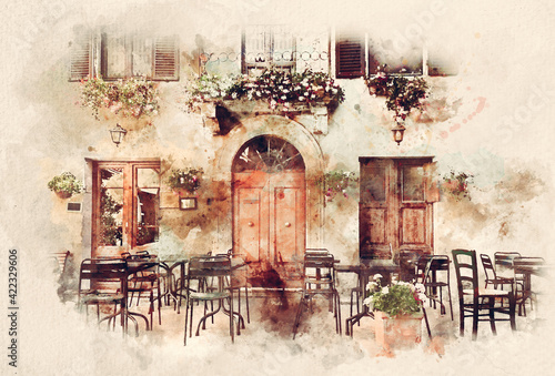 Watercolor painting of retro romantic restaurant in Italy photo