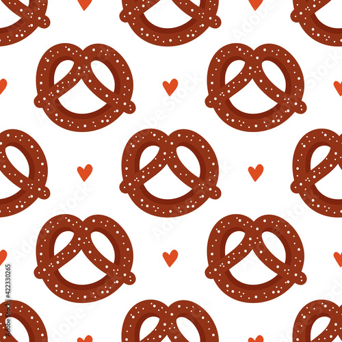 Cartoon style pretzel, knot-shaped baked pastry and hearts vector seamless pattern background.
