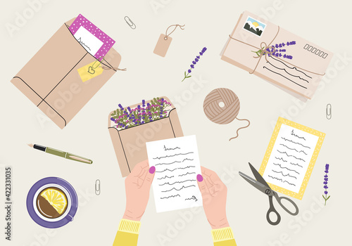 Flat lay illustration of envelopes, letters, stamps, stationery and white female hands holding mails. Workspace and table top view. Hand drawn vector illustration