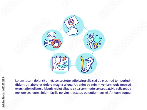 Stop microplastics concept line icons with text. PPT page vector template with copy space. Brochure, magazine, newsletter design element. Ecology movement linear illustrations on white