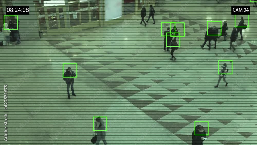 CCTV camera detects people's faces. Scanning the crowd of people ...