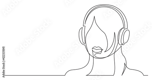 continuous line drawing of long hair style woman listening music in headphones