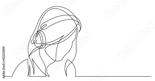 continuous line drawing of long hair style woman relaxing listening music in headphones