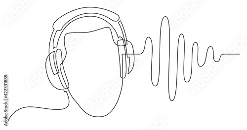 continuous line drawing of man listening music in headphones wuth sound wave photo