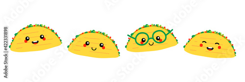 Set, collection of cute smiling cartoon style taco characters, traditional mexican dish, street food.

