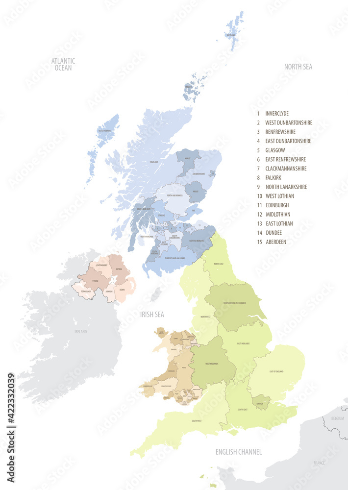 Fototapeta premium Location map of United Kingdom in Europe with administrative divisions, detailed vector illustration