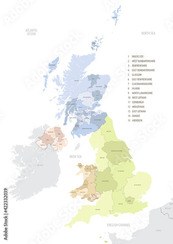 Location map of United Kingdom in Europe with administrative divisions, detailed vector illustration photo