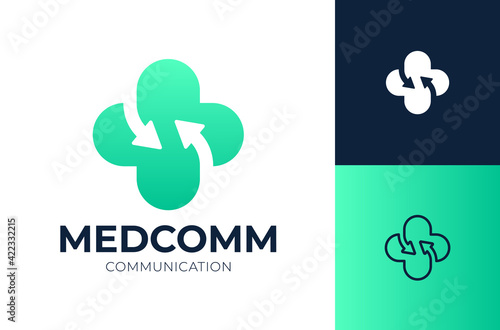 Arrow health care logo design vector illustration. Medical connect cross vector logotype.