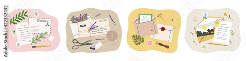 Set of illustration of mails, envelopes, letters, postcards, postage stamps and stationery. Concept of sending letter of love and friendship. Hand drawn vector illustration