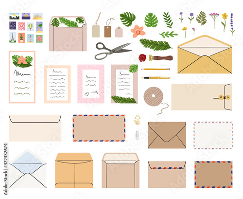 Set of mails, envelopes, letters, postcards, postage stamps and stationery. Concept of sending letter of love and friendship. Top view. Hand drawn vector illustration isolated